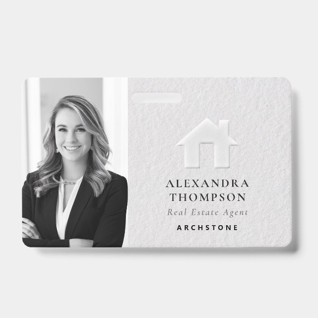 Real Estate Modern Elegant Black White QR Photo Badge (Front)