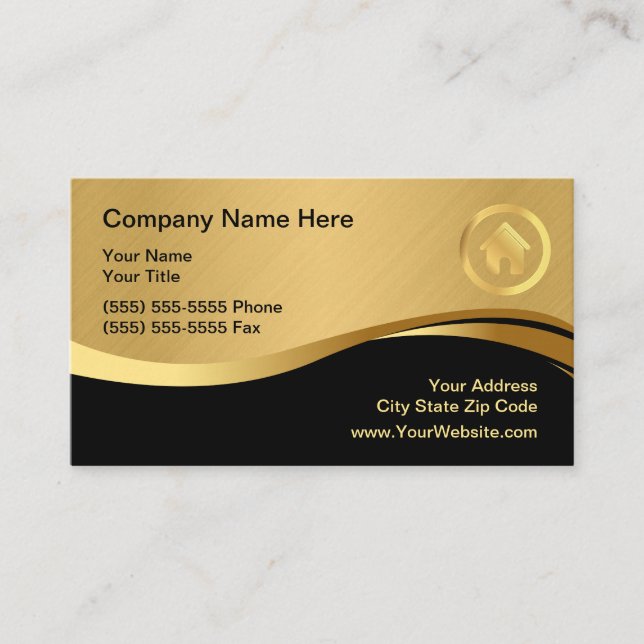 Real Estate Modern House Logo Black & Gold Business Card (Front)