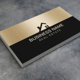 Real Estate Modern House Logo Black &amp; Gold Business Card