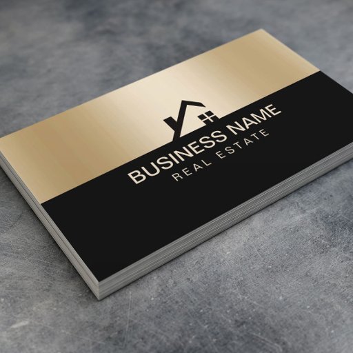 Customizable Real Estate Modern House Logo Black &amp; Gold Business Card
