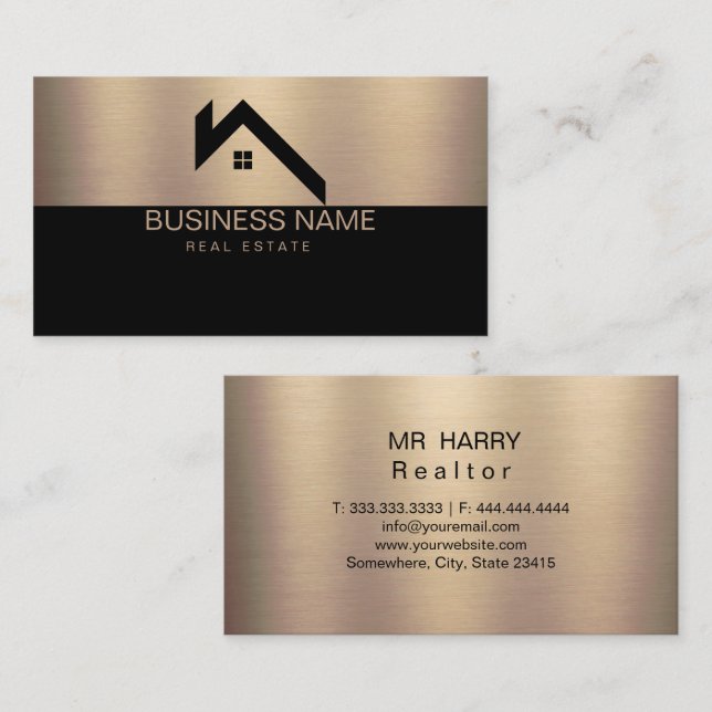 Real Estate Modern House Logo Black & Gold Business Card (Front/Back)