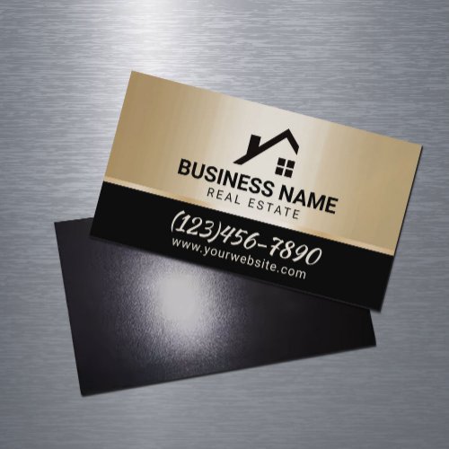 Real Estate Modern House Logo Black  Gold Business Card Magnet