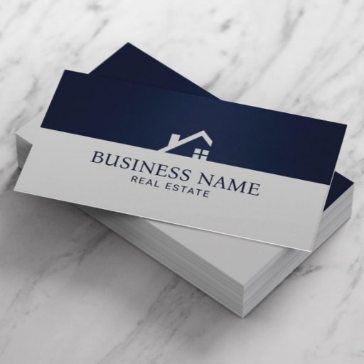 Customizable Real Estate Modern House Logo Navy &amp; Silver Business Card