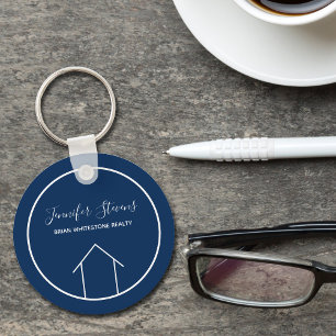 Real Estate Modern Navy Blue Personalized House Keychain