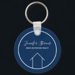 Real Estate Modern Navy Blue Personalized House Keychain<br><div class="desc">This modern realtor keychain is custom made with your realty company name under the the agent name in chic typography. This minimalist navy blue and white key chain feature a simple line drawing of a house. Contemporary gift for an agent working to help you buy a home.</div>