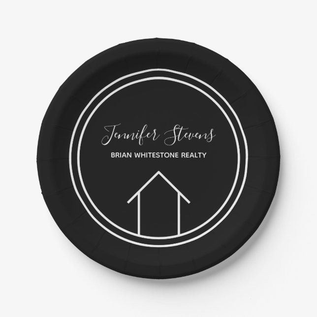 Real Estate Modern Open House Custom Black Paper Plates (Front)