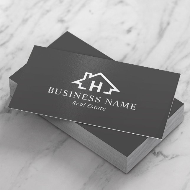 Real Estate Monogram House Logo Professional Gray Business Card (Creator Uploaded)