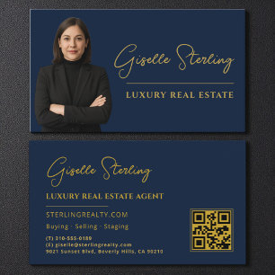 Real Estate Navy Blue Gold QR Code Script Luxury  Business Card