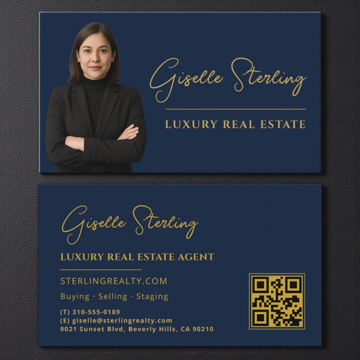 Real Estate Navy Blue Gold QR Code Script Luxury Business Card