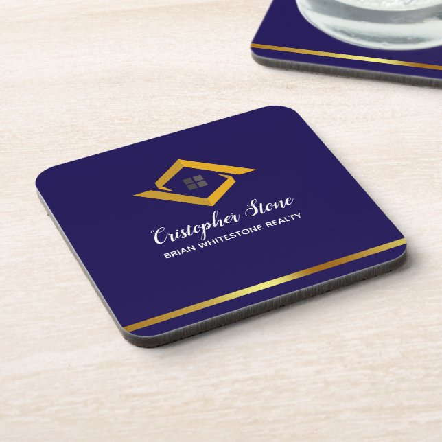 Real Estate Navy Blue House Logo Modern Realtor Beverage Coaster (Left Side)
