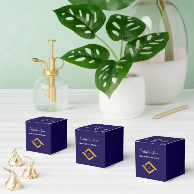 Real Estate Navy Blue House Logo Modern Realtor Favor Boxes (Multiple)