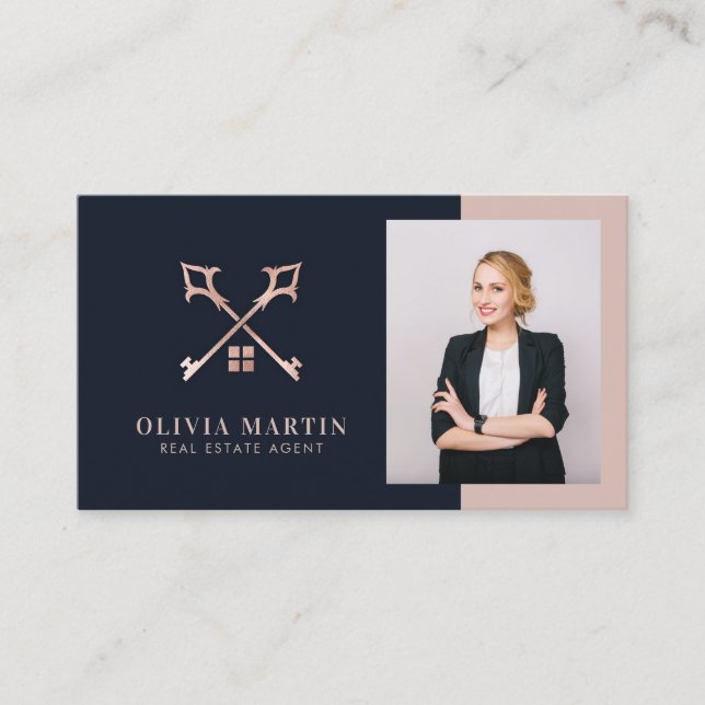 Real Estate Navy & Blush Photo Business Card (Front)