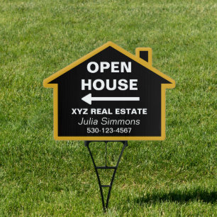 Real Estate Open House Arrow Gold Black  Sign