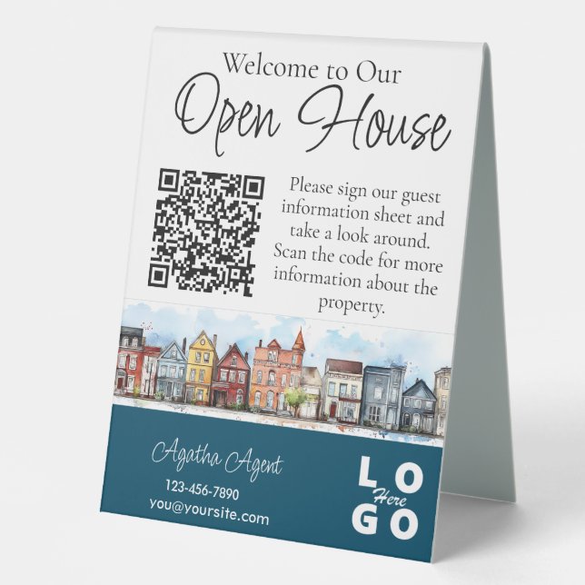 Real Estate Open House Blue Double Sided Table Tent (Front)