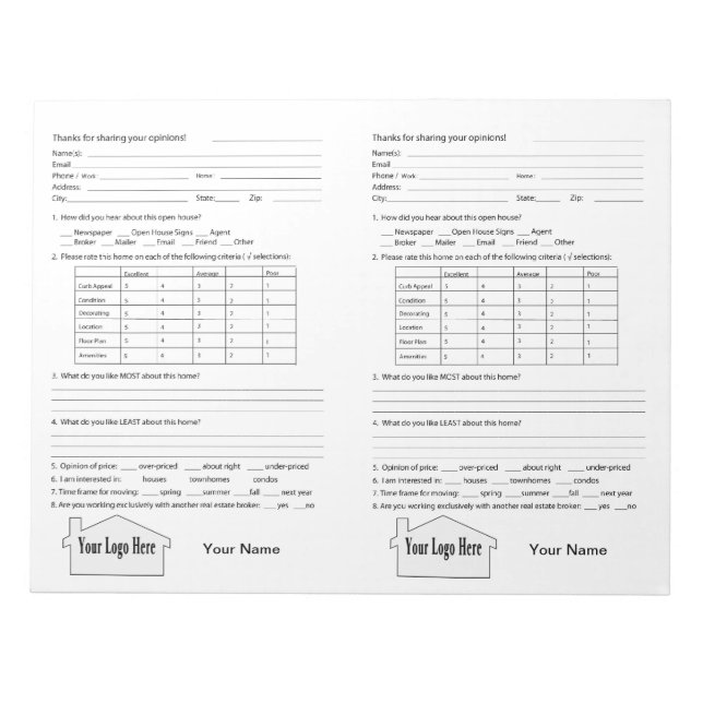 Real Estate Open House Feedback Notepad (Front)