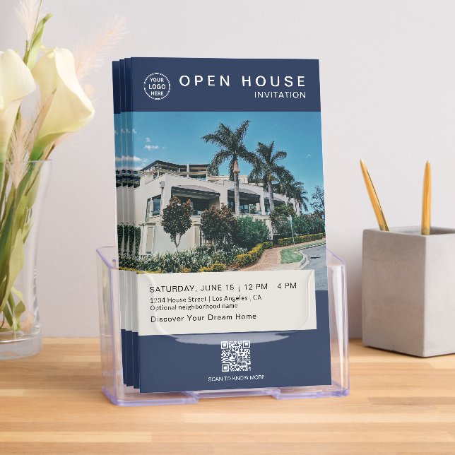 Real Estate Open House Logo Navy Blue Tri-Fold Brochure (Insitu)