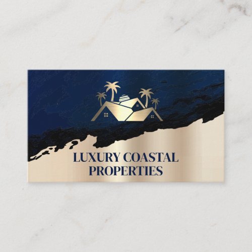 Real Estate Palm Tree Logo  Blue Gold Business Card