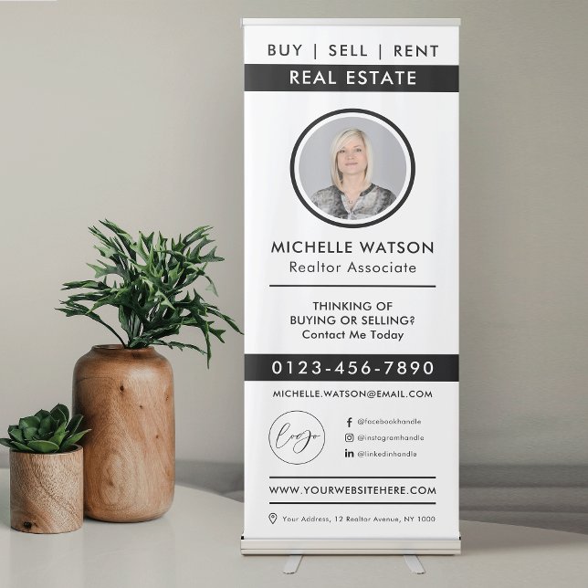 Real Estate Photo Minimalist Modern Logo Marketing Retractable Banner (Modern black and white real estate promotional pull up banner with space for your photo and logo)
