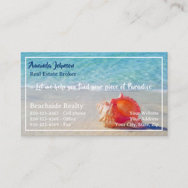 Real Estate Piece of Paradise Beach Waves Seashell Business Card (Front)