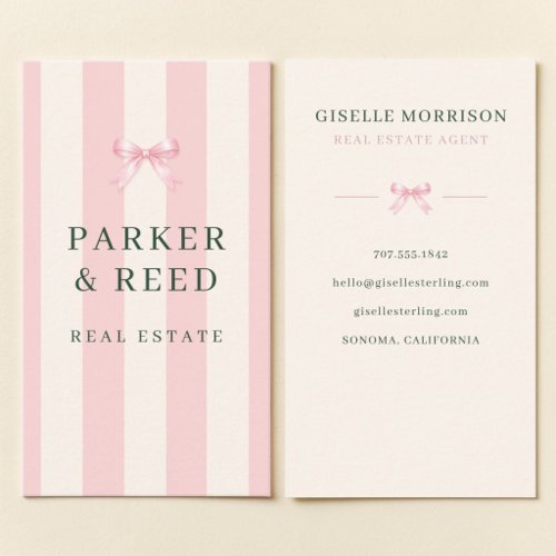 Real Estate Pink and Green Striped Preppy Bow Business Card