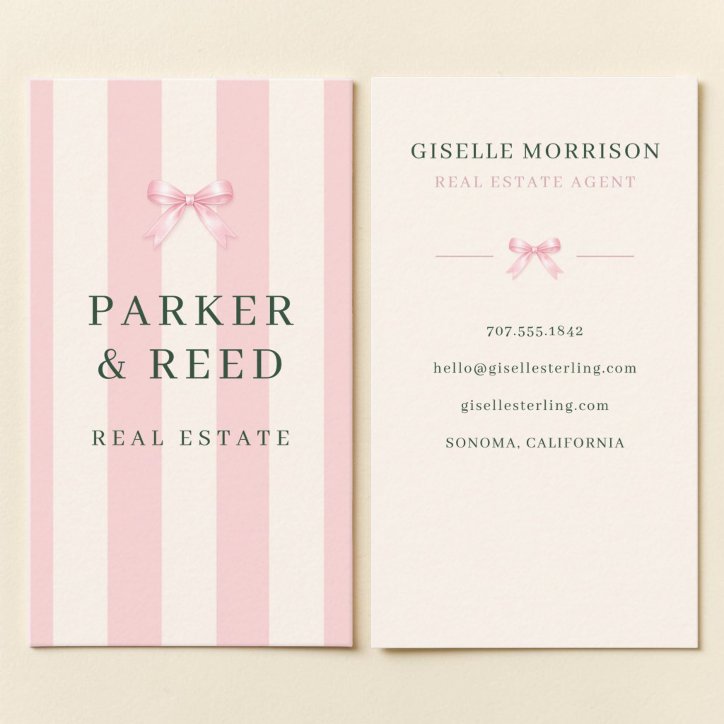 Real Estate Pink And Green Striped Preppy Bow Business Card