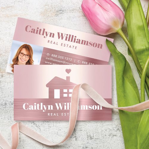 Real Estate Pink Rose Gold Foil Photo Agent House Business Card
