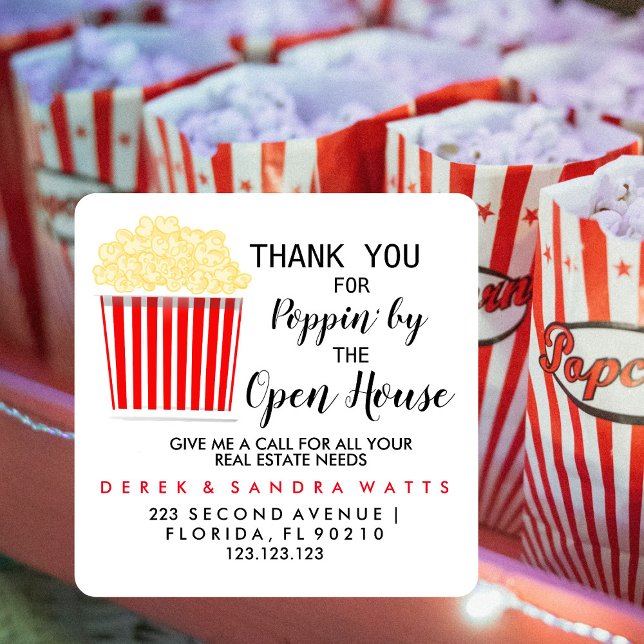 Real Estate Popcorn Open House Announcement Square Sticker (Creator Uploaded)