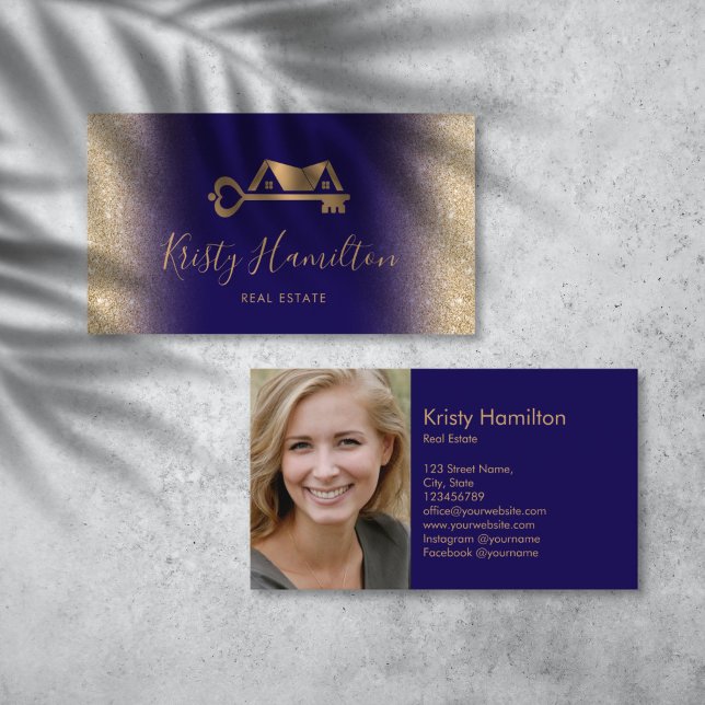 real estate professional house key add photo business card (gold house and key real estate logo business cards)