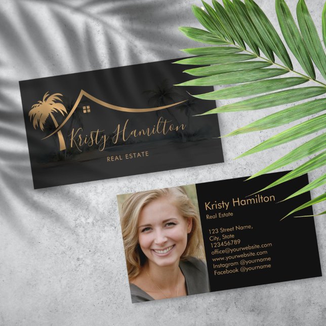 real estate professional house realtor add photo business card (gold palm tree house real estate logo business card)