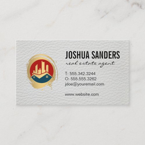 Real Estate Properties Logo  Leather Texture Business Card