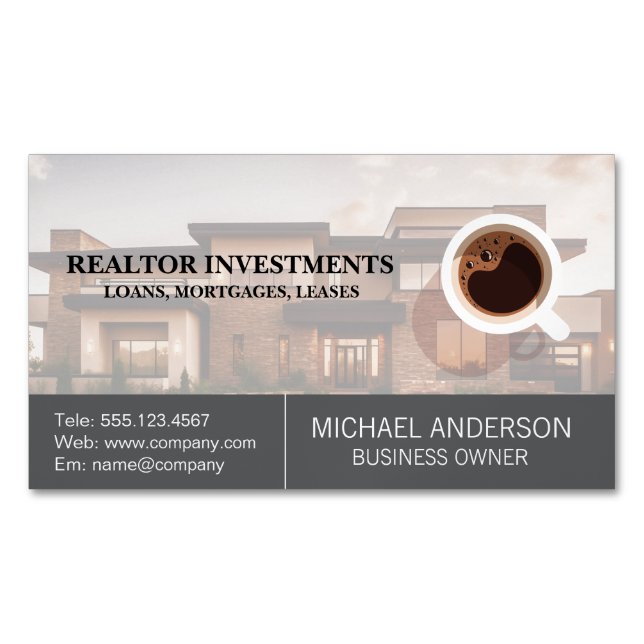 Real Estate Property | Cup of Coffee Business Card Magnet (Front)