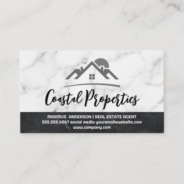 Real Estate Property Logo | Marble Background Business Card (Front)