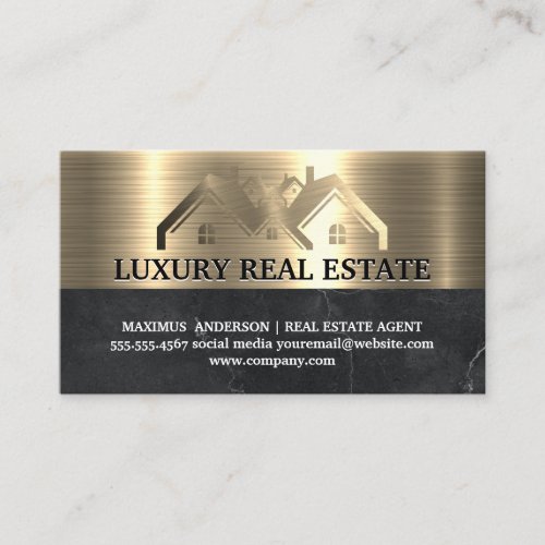 Real Estate Property  Metallic Gold Black Marble Business Card