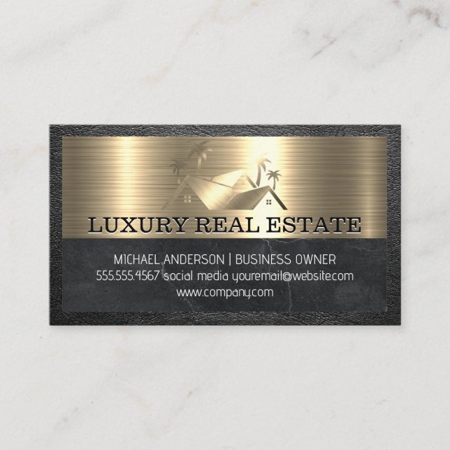 Real Estate Property | Palm Trees | Gold Metallic  Business Card (Front)