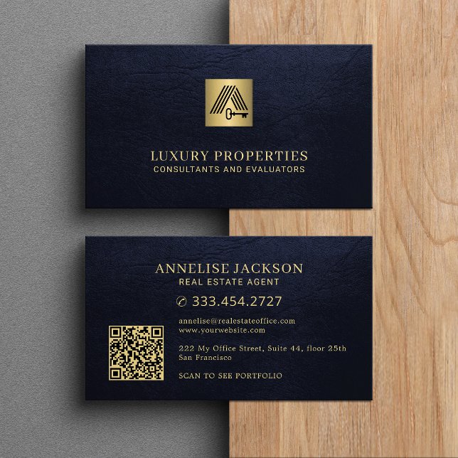 Real estate QR code house logo navy gold  Business Card (Creator Uploaded)