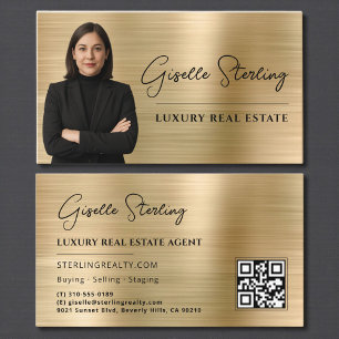 Real Estate QR Code Photo Faux Gold Metallic Business Card