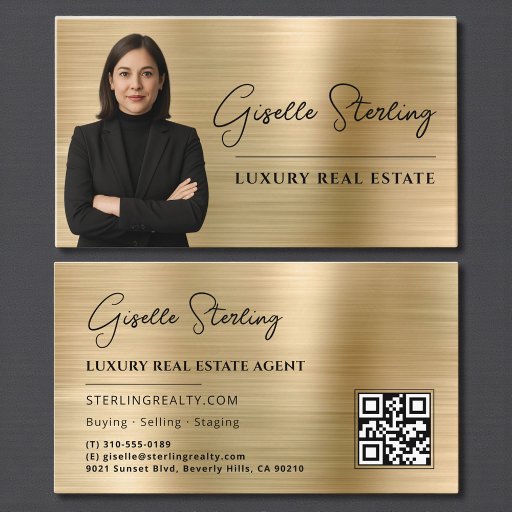 Customizable Real Estate QR Code Photo Faux Gold Metallic  Business Card