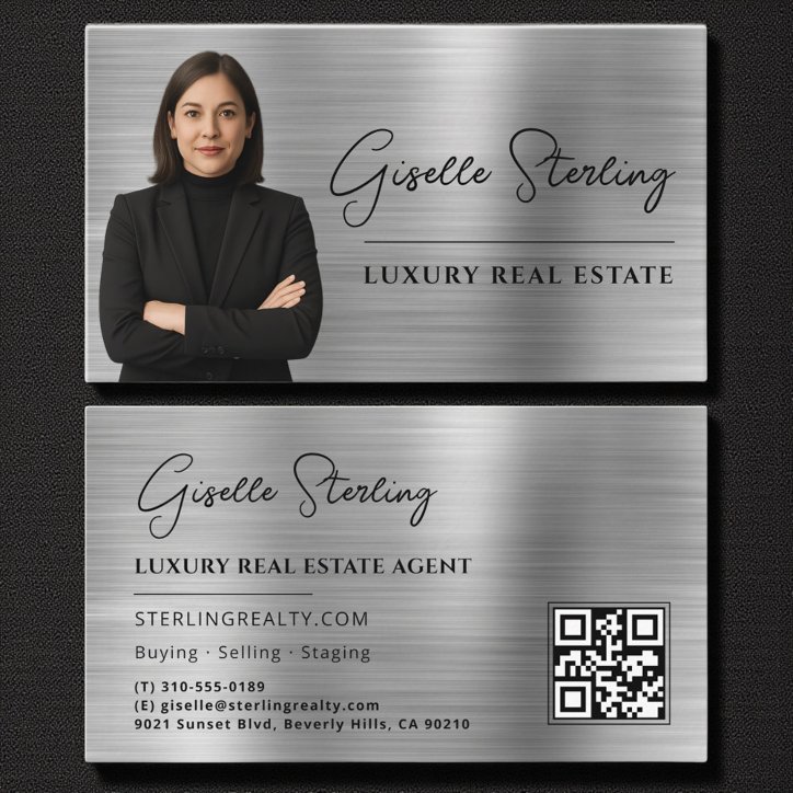 Real Estate QR Code Photo Faux Silver Metallic Business Card