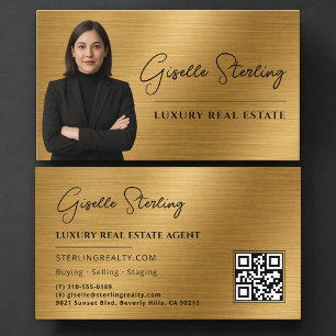 Real Estate QR Code Photo Gold Metallic Business Card