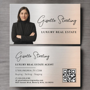 Real Estate QR Code Photo Platinum Metallic Business Card