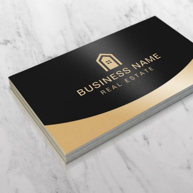 Real Estate Realtor Black & Gold Custom House Logo Business Card (Creator Uploaded)