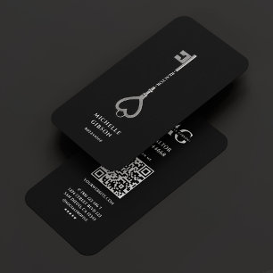 Real Estate Realtor Elegant Black Silver Key Business Card