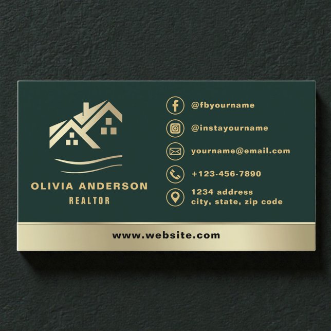 Real Estate Realtor Emerald Green Gold House Business Card (Creator Uploaded)