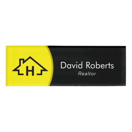 Real Estate Realtor House Logo Modern Black  Gold Name Tag