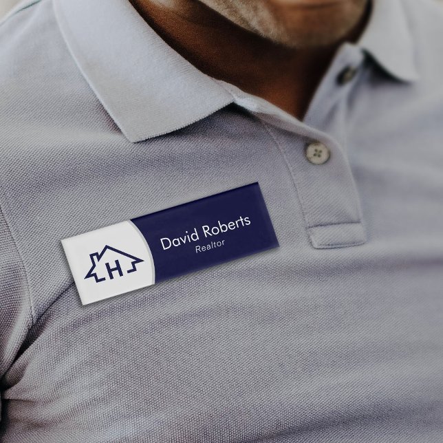 Real Estate Realtor House Logo Modern Navy Blue Name Tag (Creator Uploaded)