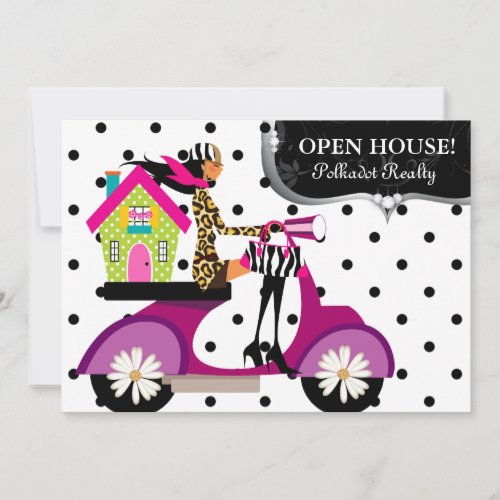 Real Estate Realtor Scooter Girl Dots Open House Custom Invite