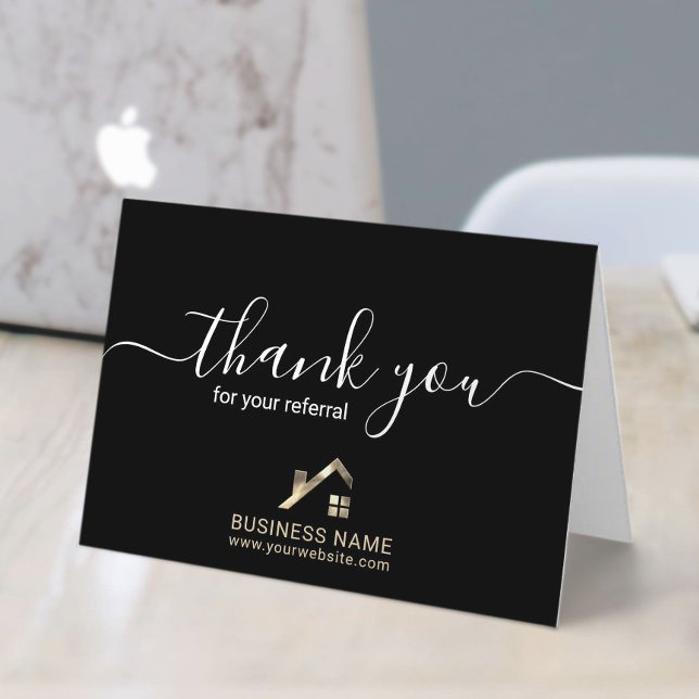 Real Estate Realtor Thanks for Referral Black Thank You Card (Creator Uploaded)