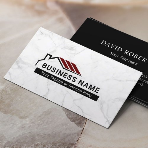Real Estate Red Roof House Logo Modern Marble Business Card