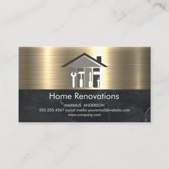 Real Estate Renovations | Metallic Gold Marble Business Card (Front)