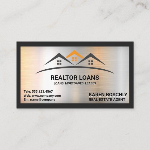 Real Estate Roof Logo  Metallic Brushed Business Card